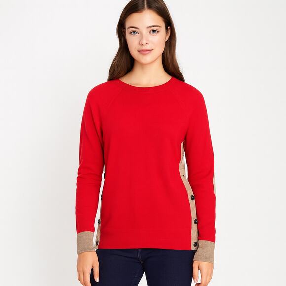 J. Crew Colorblock Red & Tan Side-Button Crewneck Sweater w/ Elbow Patches • XS - Picture 3 of 7